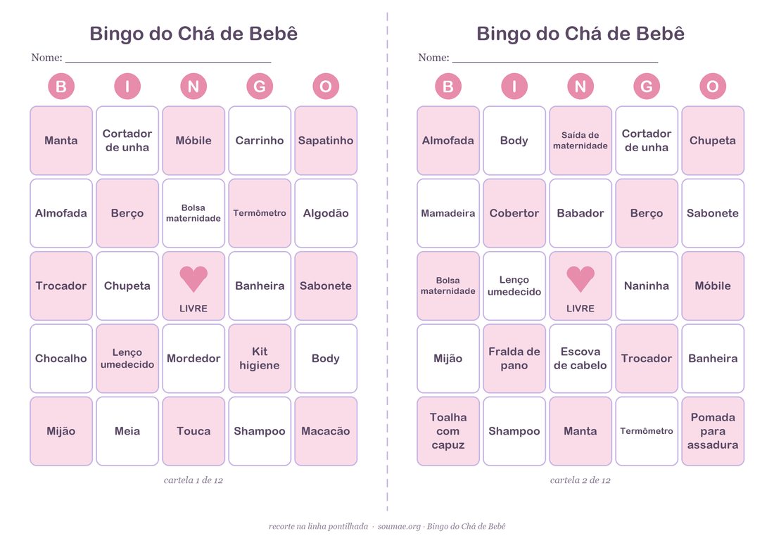 Duas cartelas de bingo de chá de bebê prontas para imprimir, com itens do enxoval como body, mamadeira, berço e chupeta e um coração no centro