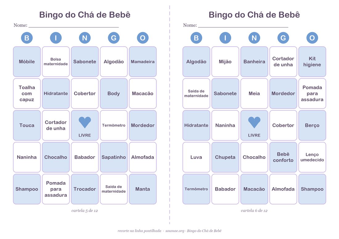 Duas cartelas de bingo de chá de bebê em azul com itens do enxoval como mamadeira, body, cobertor e chupeta