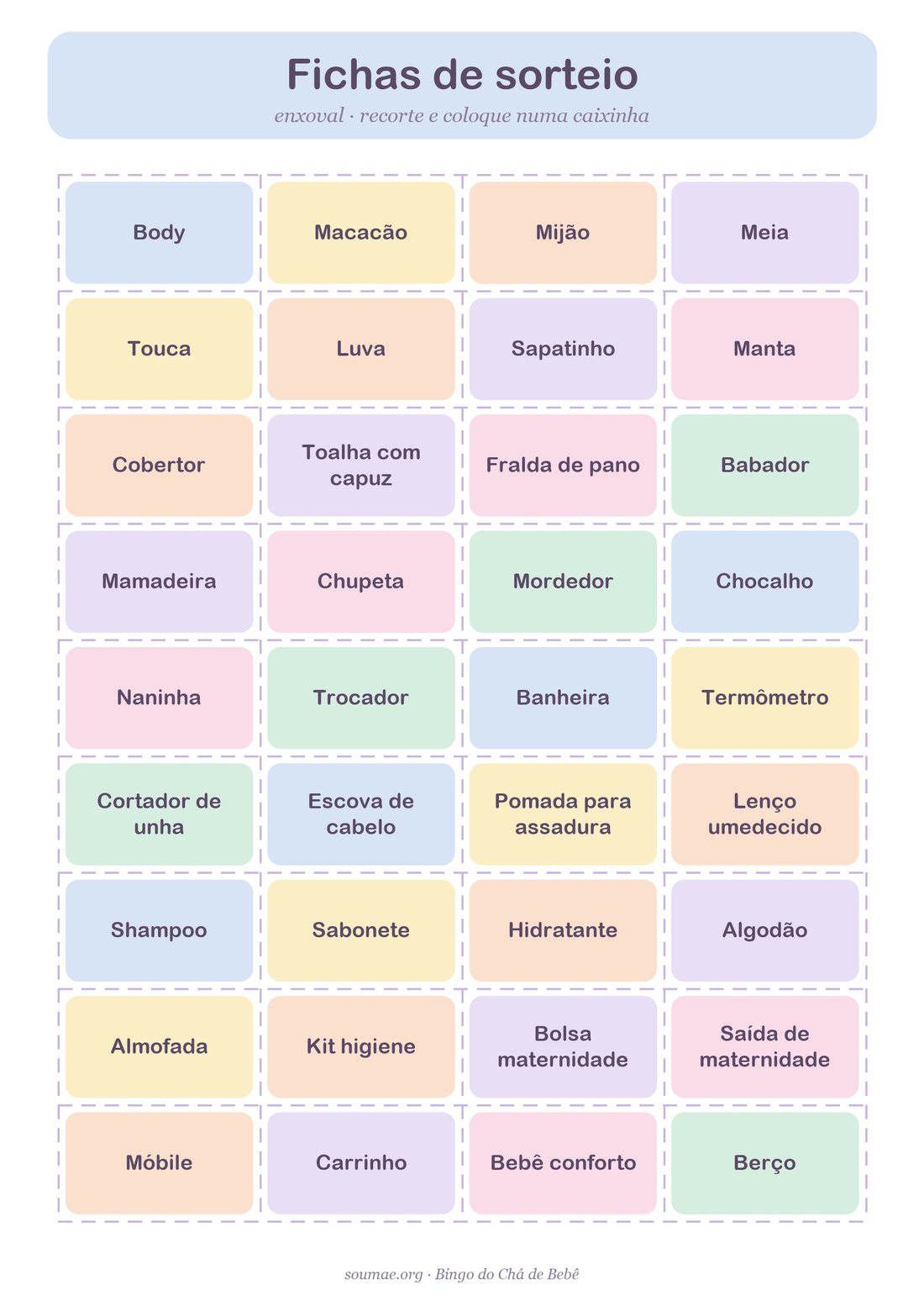 Página de fichas de sorteio do bingo de chá de bebê para recortar, com 36 itens do enxoval em quadradinhos coloridos