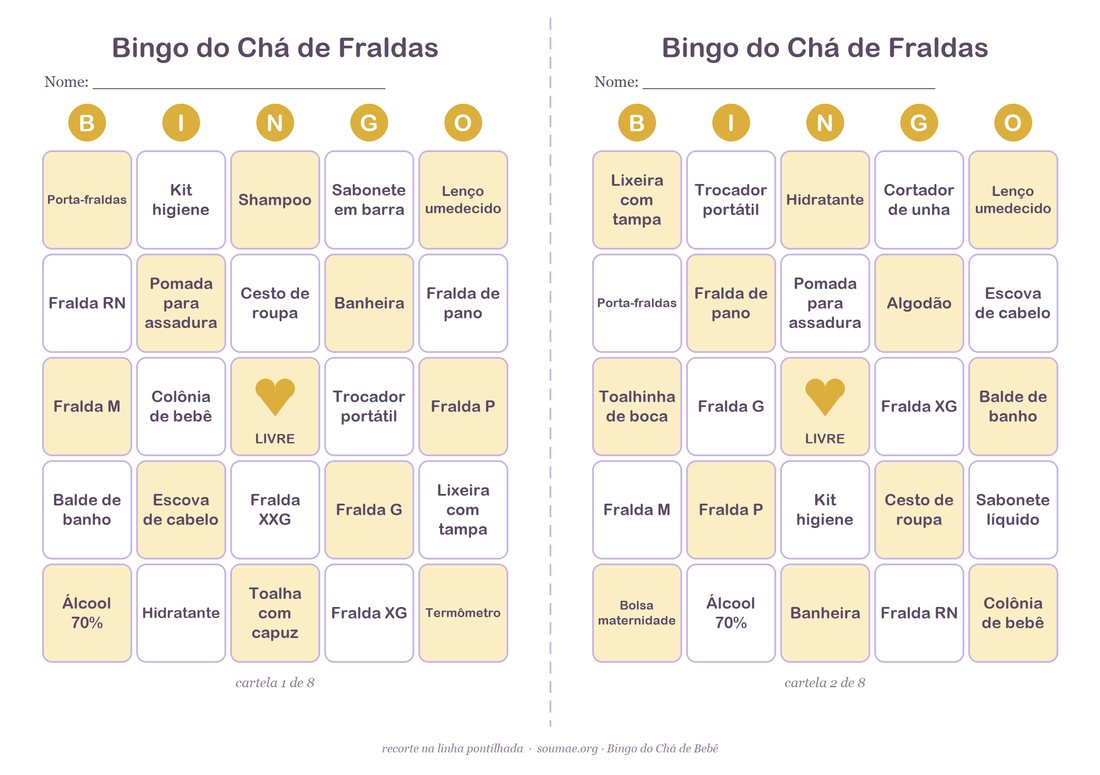 Duas cartelas de bingo de chá de fraldas com tamanhos de fralda RN, P, M, G, XG e itens de higiene do bebê
