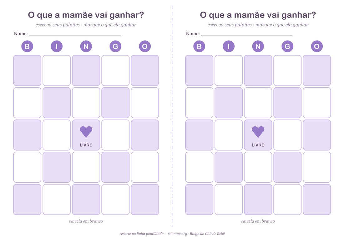 Cartelas de bingo em branco O que a mamãe vai ganhar, para as convidadas escreverem seus palpites