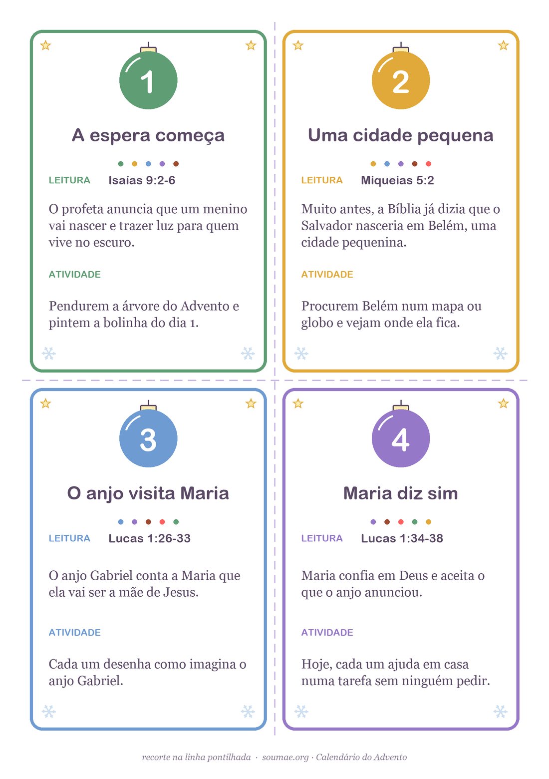 Cartões do calendário do Advento para recortar, dias 1 a 4, com leitura bíblica e atividade em família