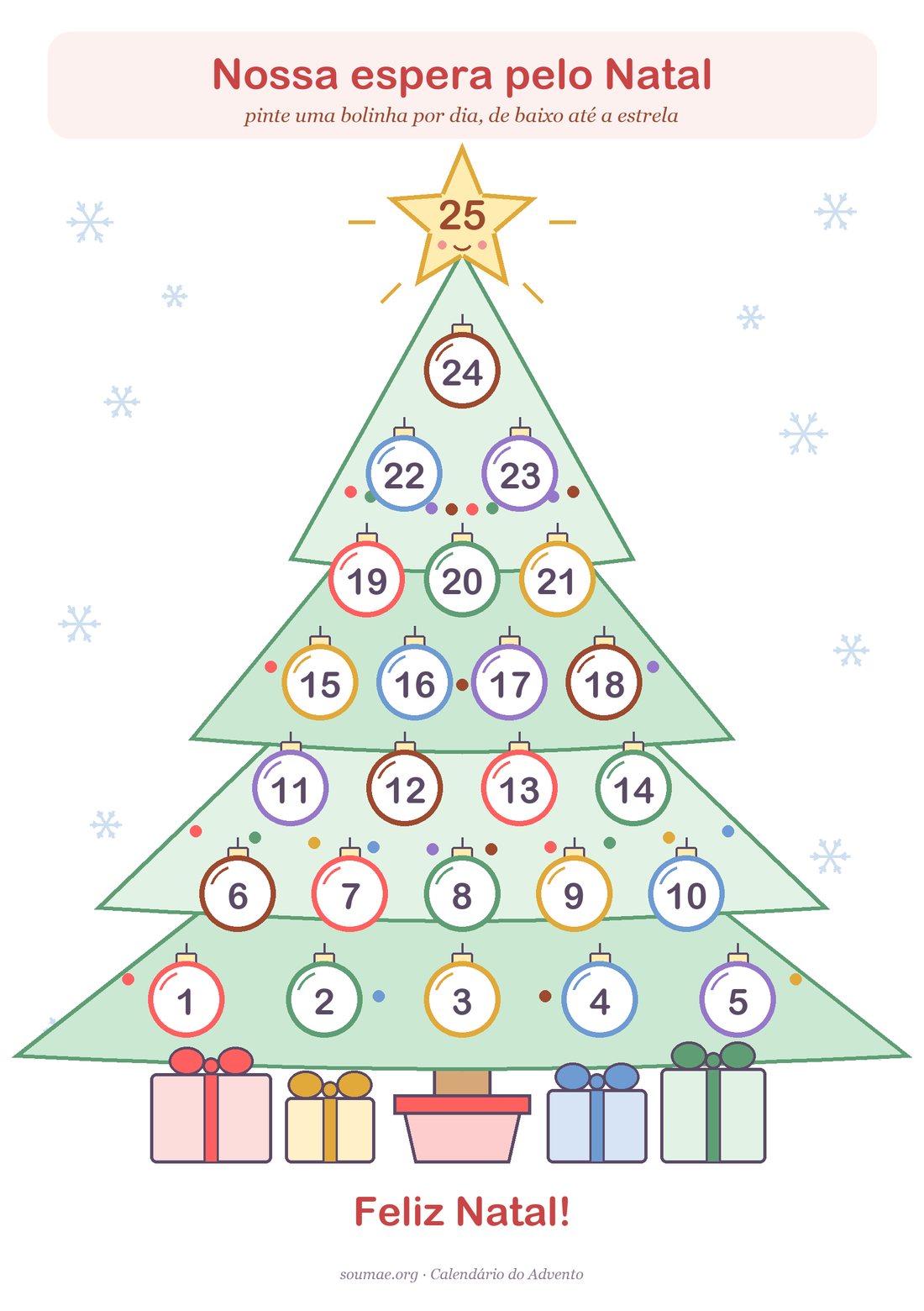 Árvore do calendário do Advento para imprimir, com 24 bolinhas de Natal numeradas para pintar, presentes e a estrela do dia 25 no topo