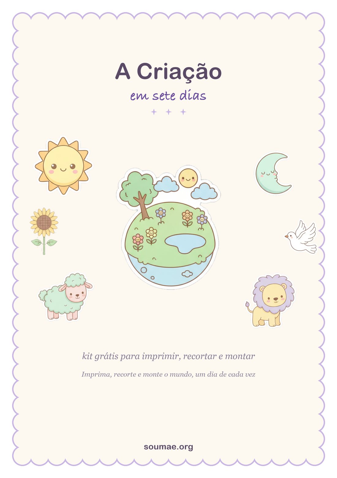 Capa do kit A Criação em 7 dias para imprimir, com o mundinho, o sol, a lua, o leão, a ovelha e a pomba