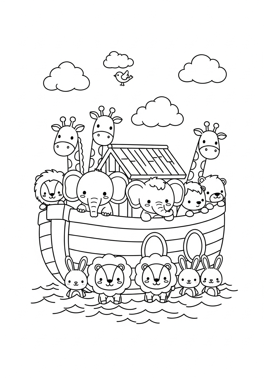 Desenho bíblico fofo para colorir: a Arca de Noé com os animais em pares