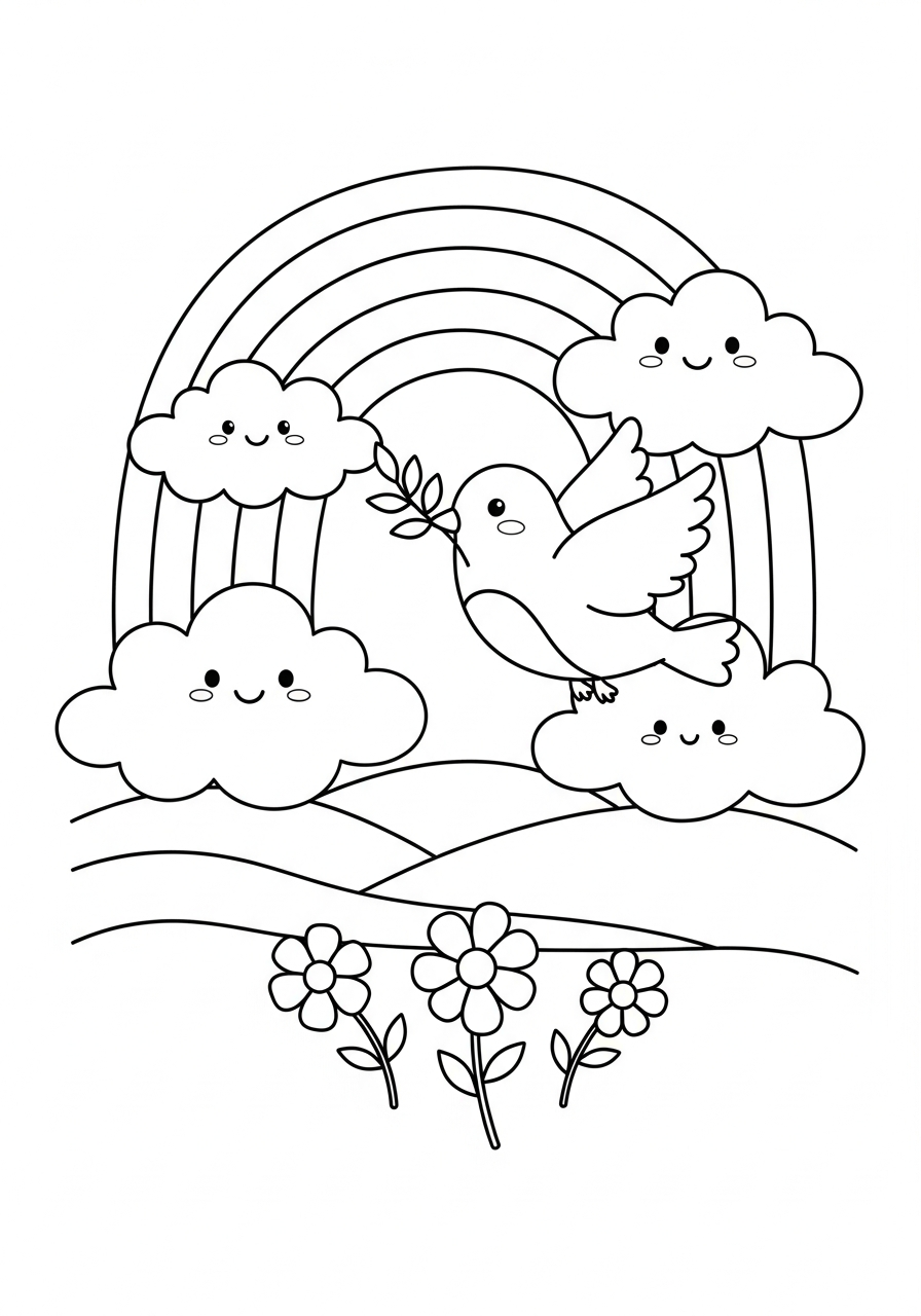 Desenho bíblico fofo para colorir: o arco-íris e a pomba com o ramo de oliveira