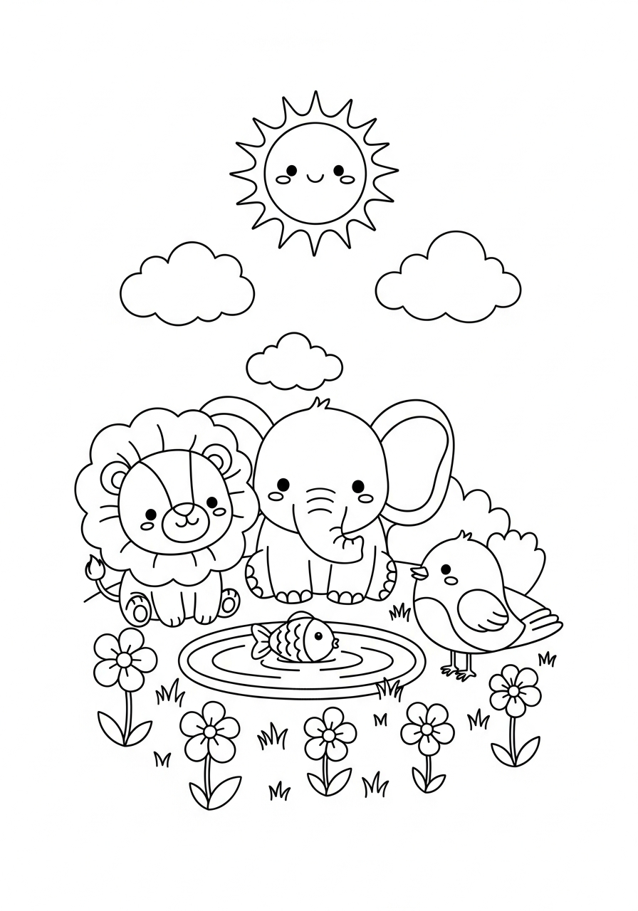 Desenho bíblico fofo para colorir: a Criação dos animais
