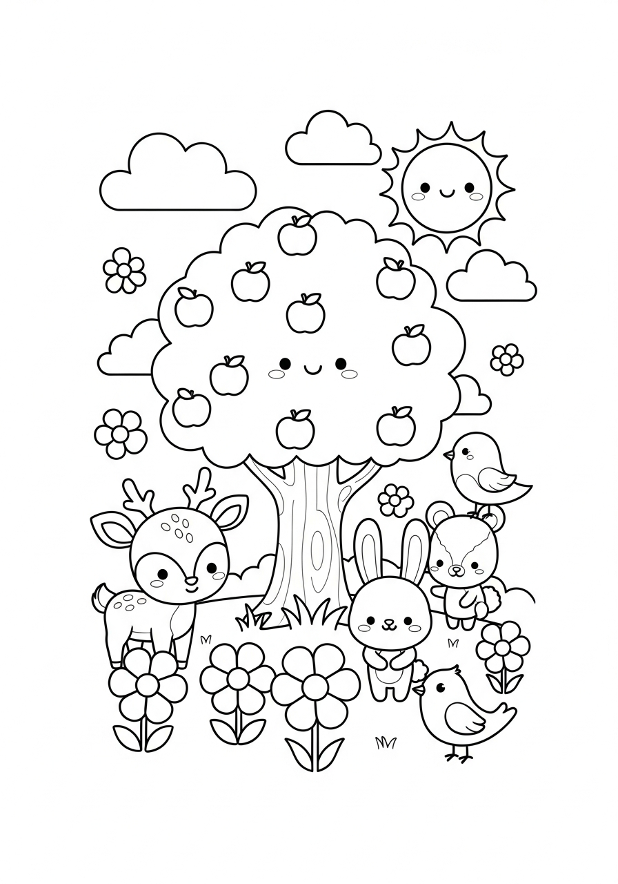 Desenho bíblico fofo para colorir: o Jardim do Éden com a árvore e os animais