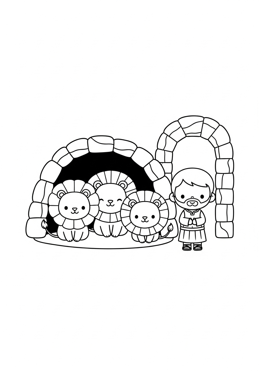 Desenho bíblico fofo para colorir: Daniel na cova dos leões