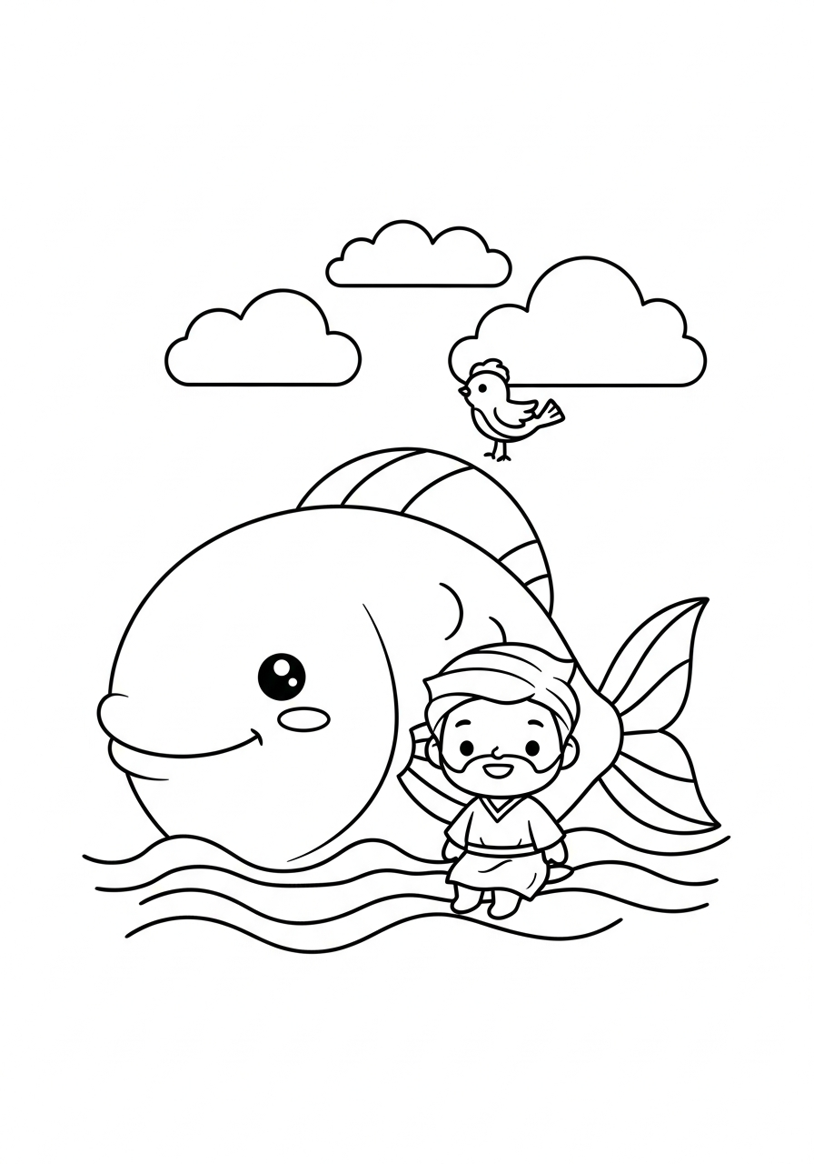 Desenho bíblico fofo para colorir: Jonas e o grande peixe