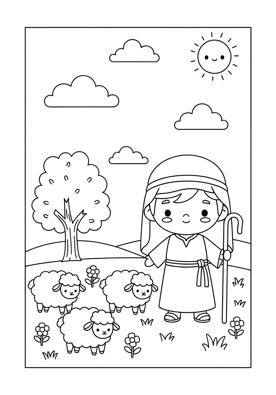 Desenho bíblico fofo para colorir: o Bom Pastor com as ovelhas