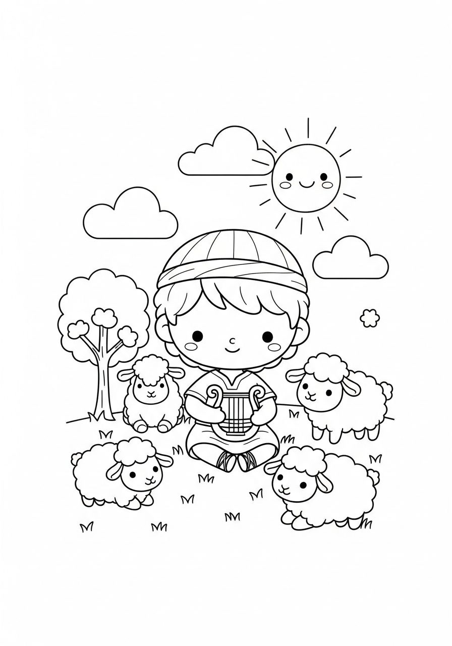 Desenho bíblico fofo para colorir: Davi, o jovem pastor, tocando harpa