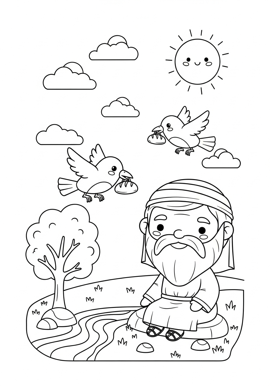 Desenho bíblico fofo para colorir: Elias e os corvos