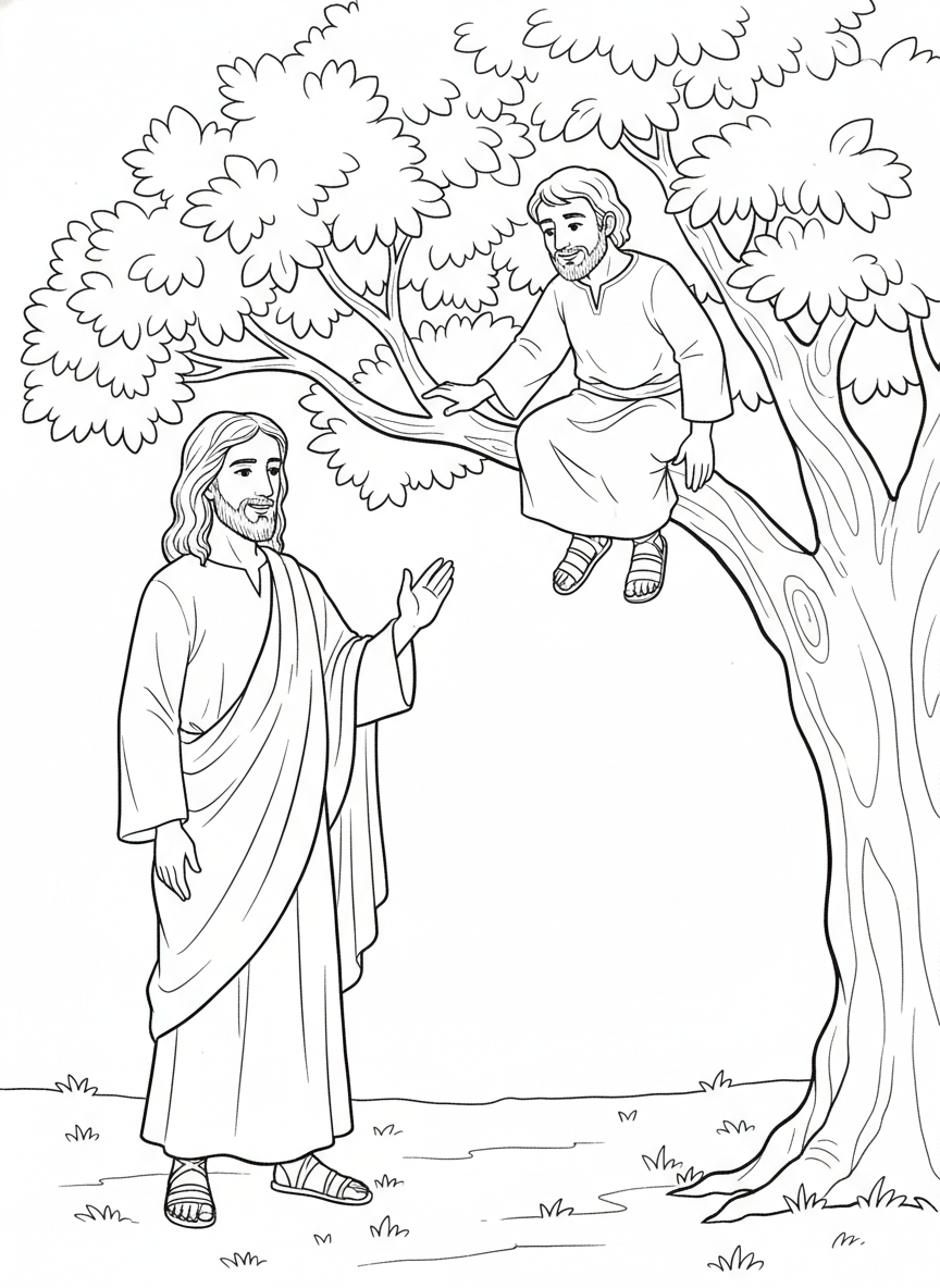 Desenho para colorir: Zaqueu sobe na figueira