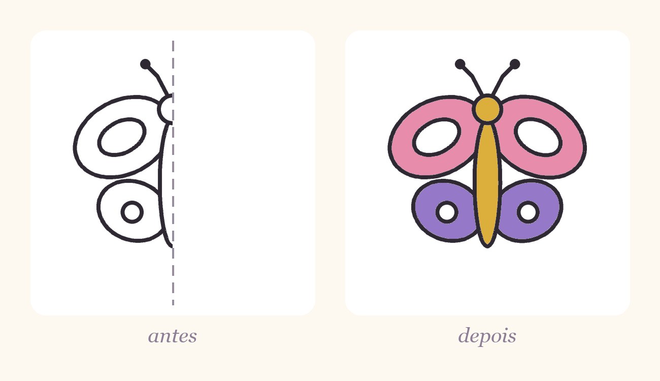 Exemplo de desenho de simetria antes e depois: meia borboleta ao lado da linha tracejada e a borboleta completa e colorida com os dois lados iguais