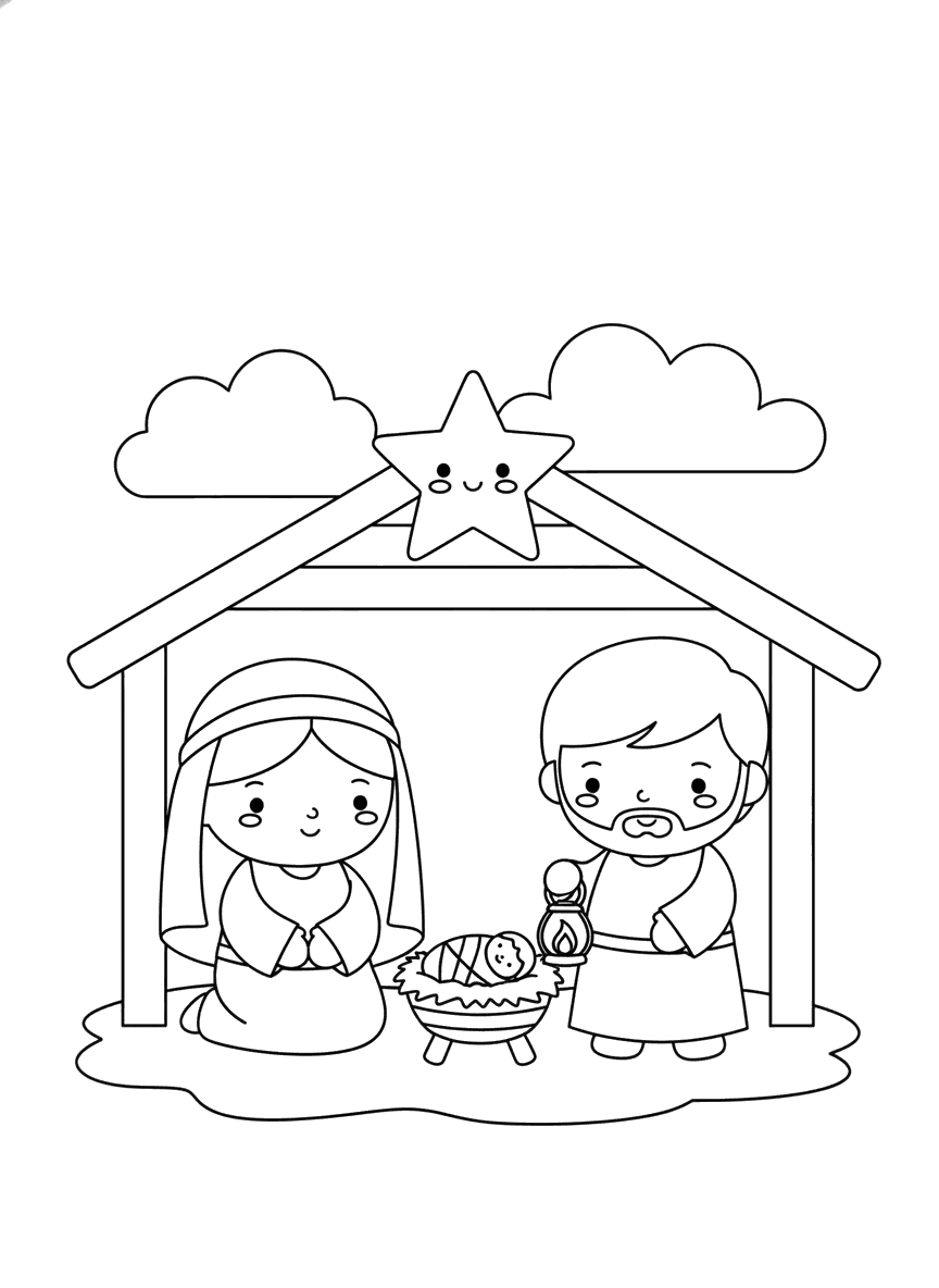 Desenho de Natal para colorir: presépio fofo com Maria, José e o Menino Jesus na manjedoura dentro do estábulo