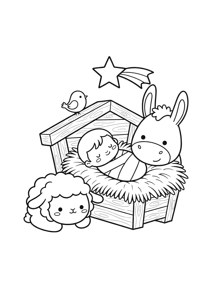 Desenho para colorir do Menino Jesus dormindo na manjedoura com uma ovelhinha, um burrinho e um passarinho