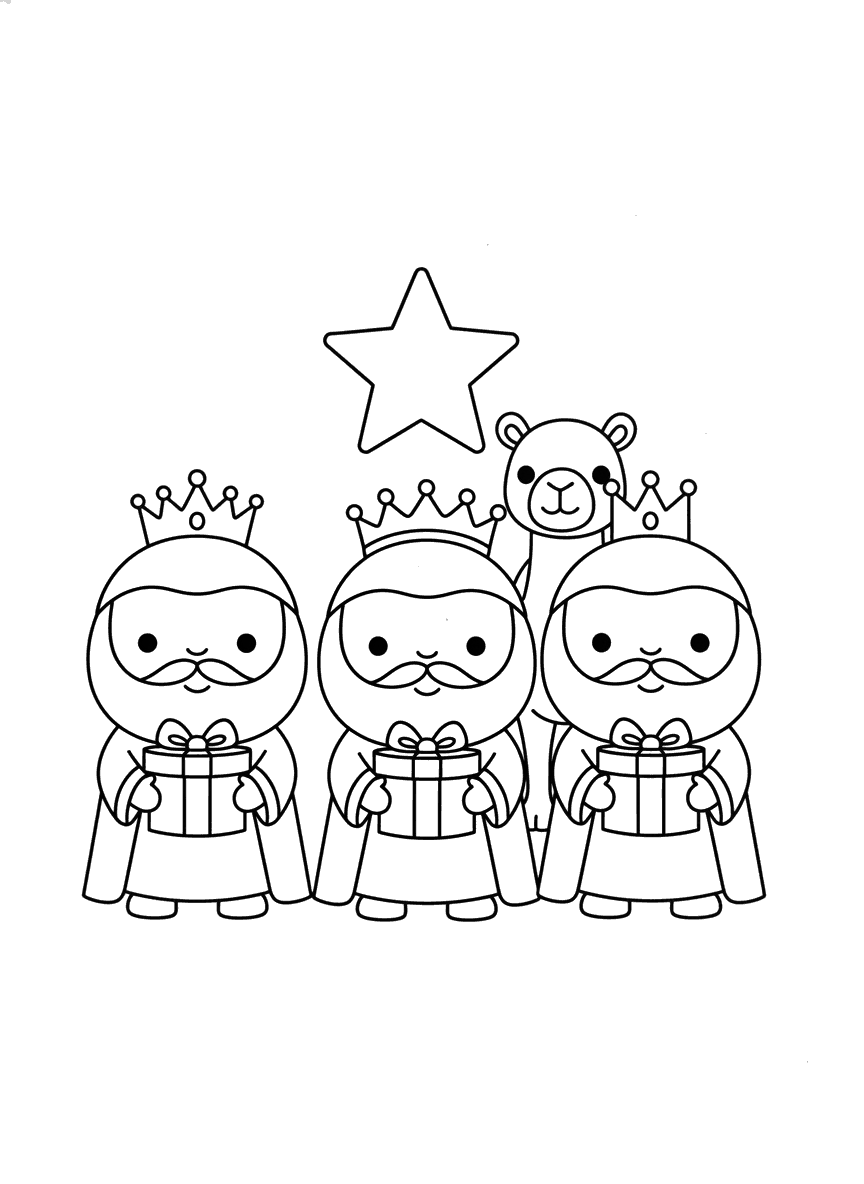 Desenho de Natal para colorir dos três reis magos fofos com coroas e presentes, com um camelo e a estrela