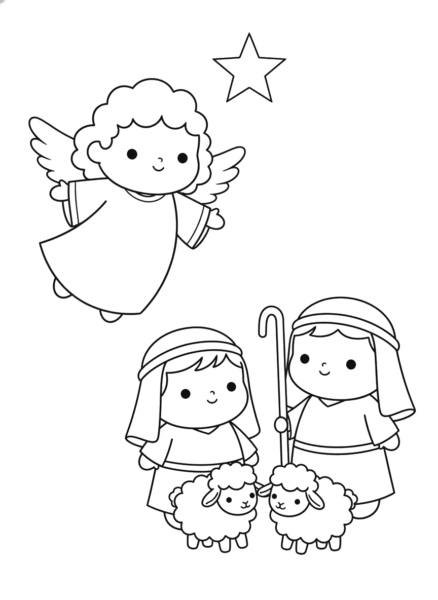 Desenho para colorir do anjo anunciando o nascimento de Jesus aos pastores, com duas ovelhinhas