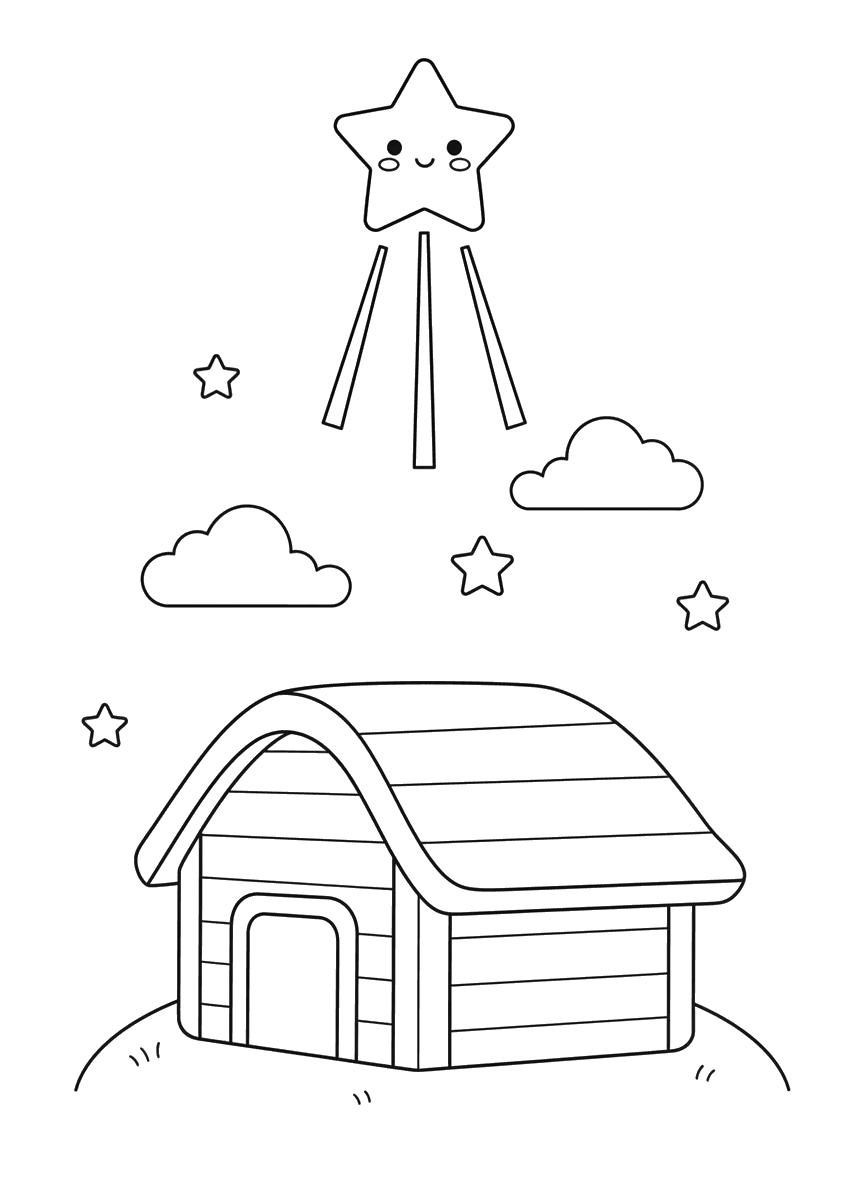 Desenho de Natal para colorir da estrela de Belém sobre o estábulo, com nuvens e estrelinhas