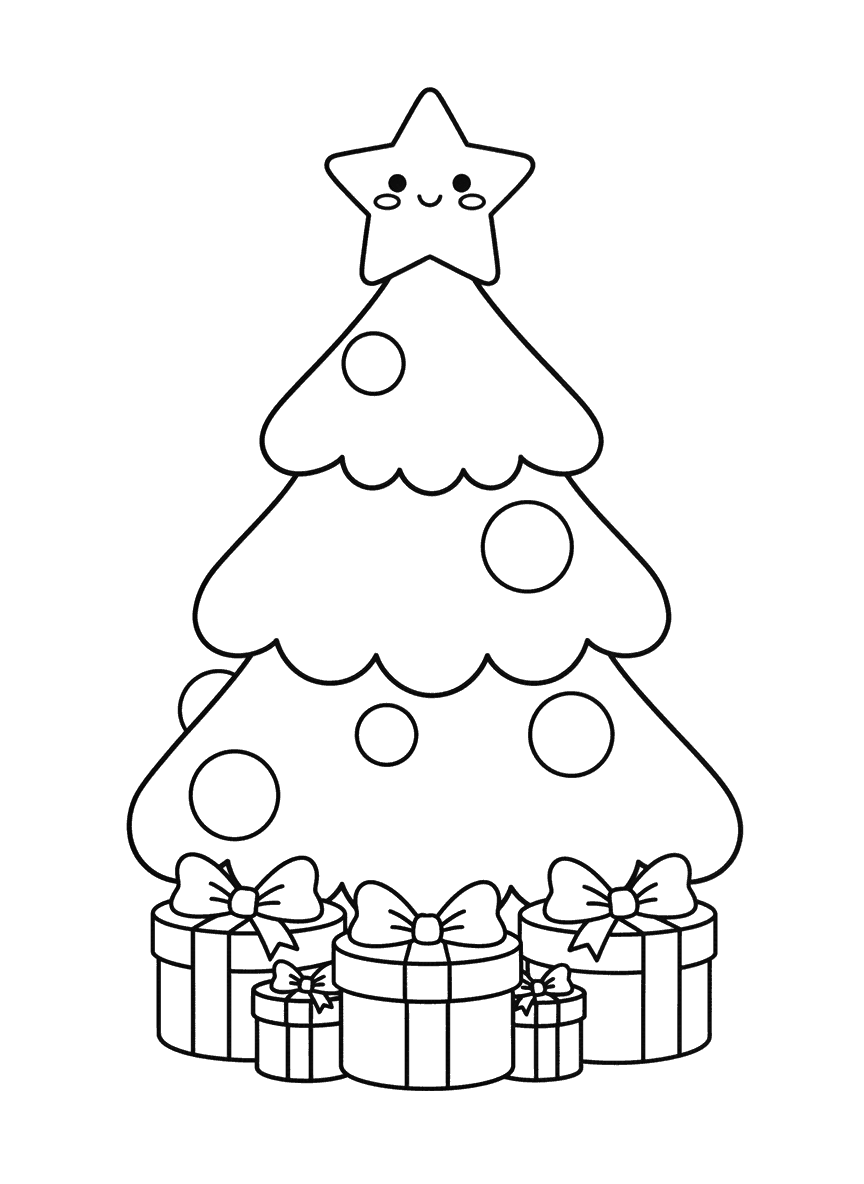 Desenho de árvore de Natal fofa para colorir, com bolas, estrela no topo e presentes embaixo