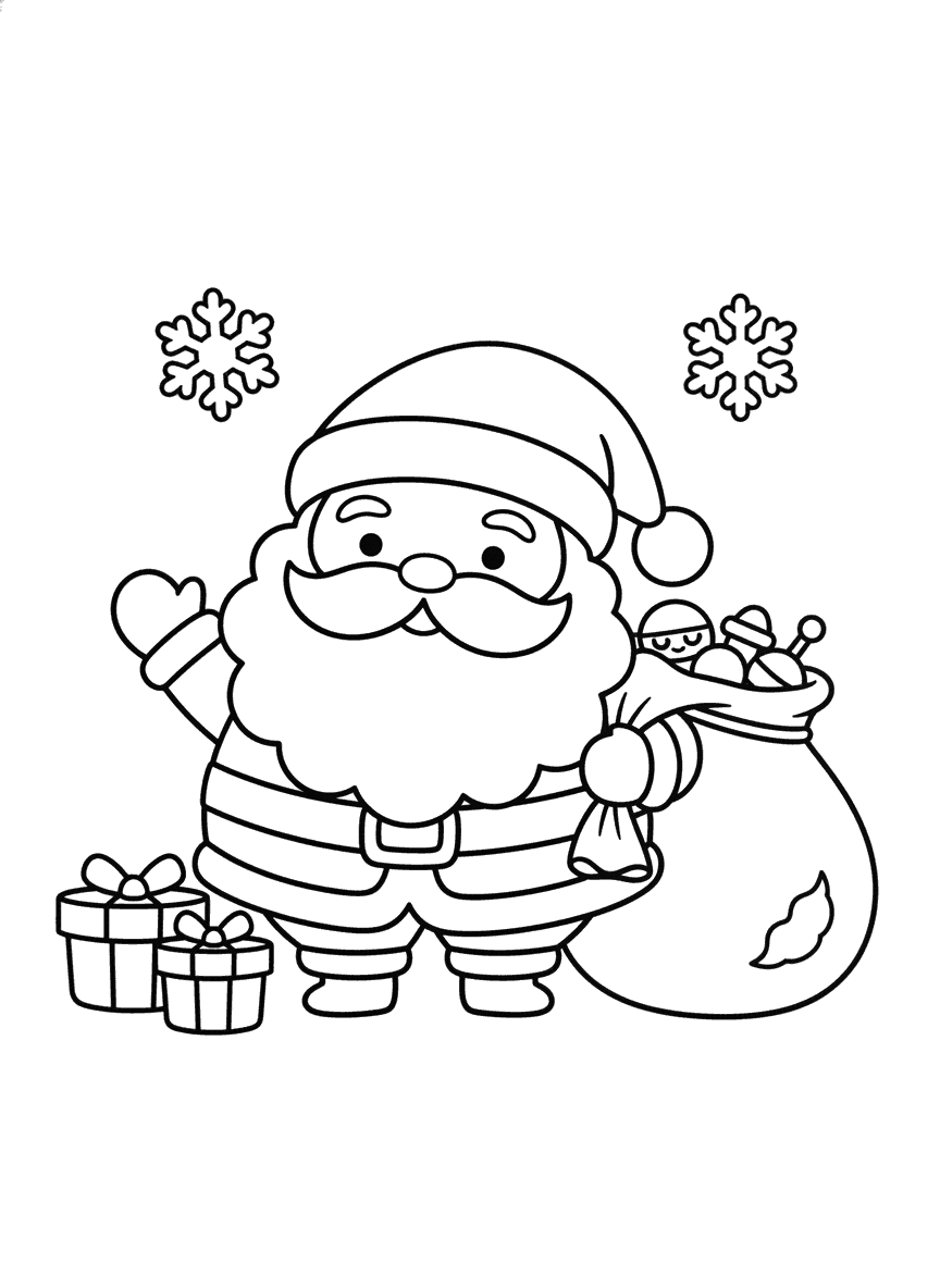 Desenho de Papai Noel fofo para colorir, acenando com o saco de presentes