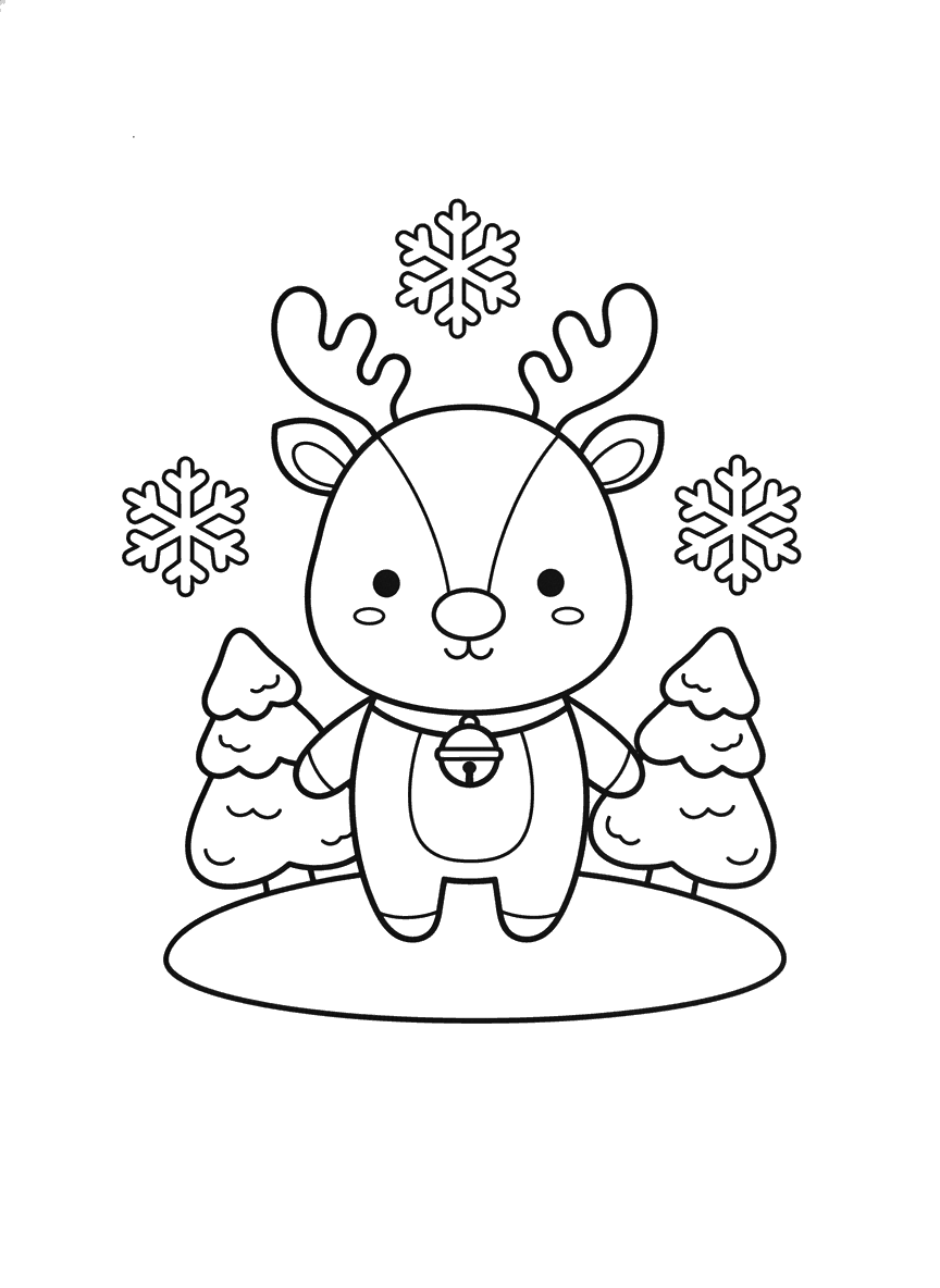 Desenho de rena de Natal fofa para colorir, com sininho no pescoço e pinheiros
