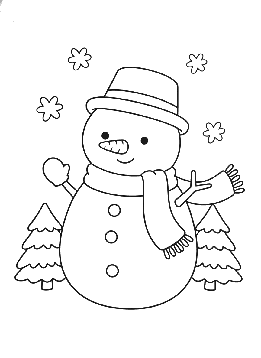 Desenho de boneco de neve fofo para colorir, com cartola, cachecol e flocos de neve