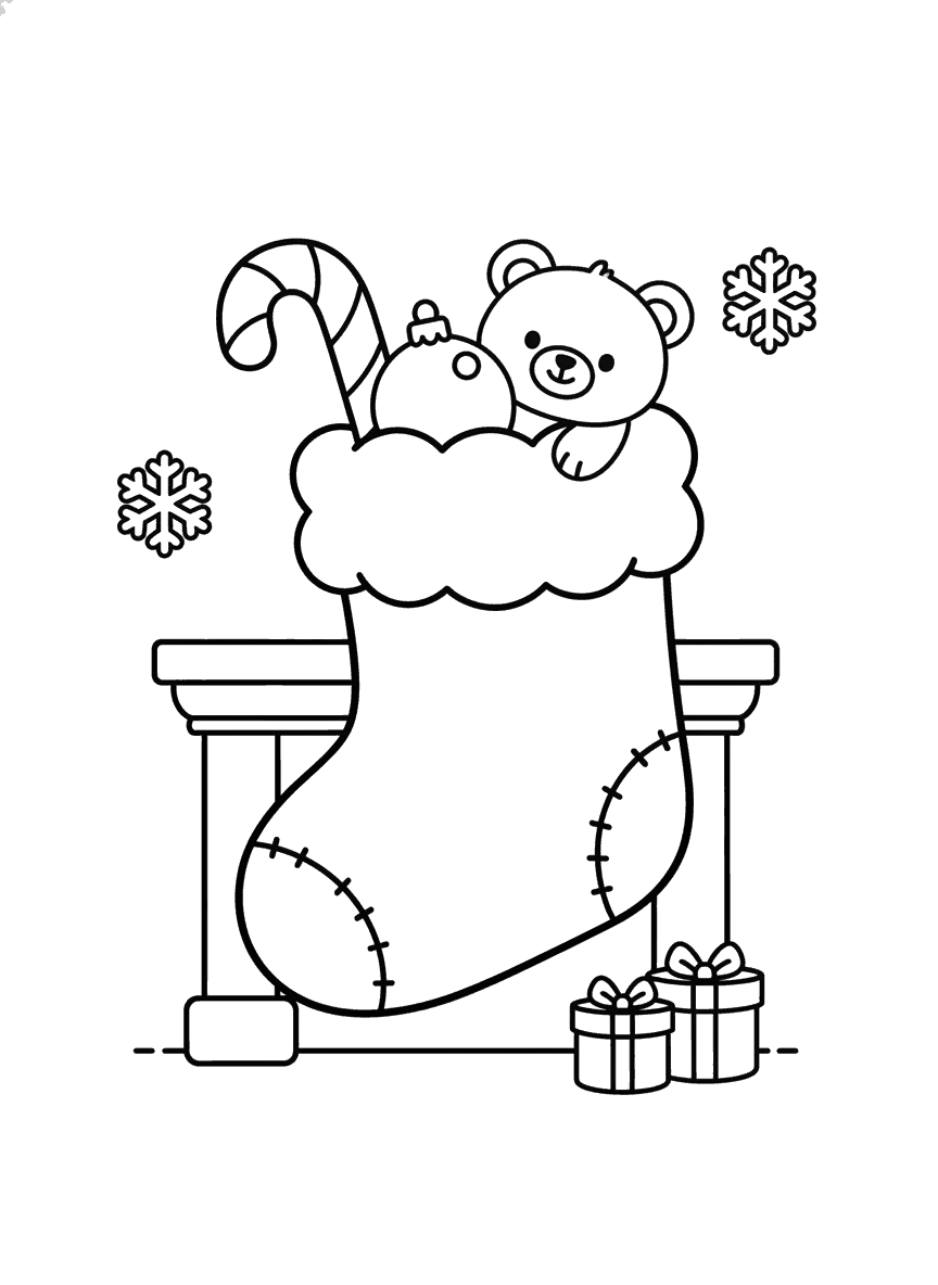 Desenho de meia de Natal para colorir, pendurada na lareira com ursinho e bengala doce