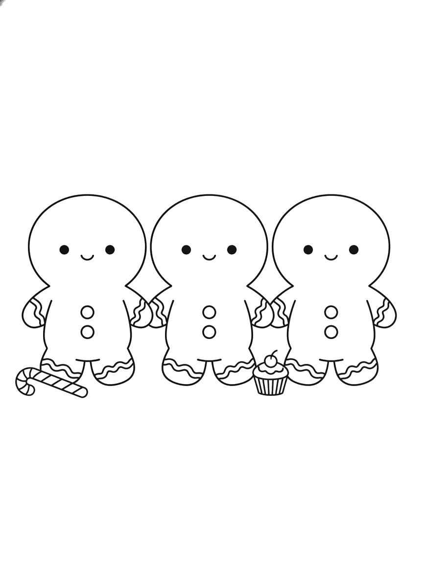 Desenho de biscoitos de gengibre fofos para colorir, de mãos dadas, com bengala doce e cupcake