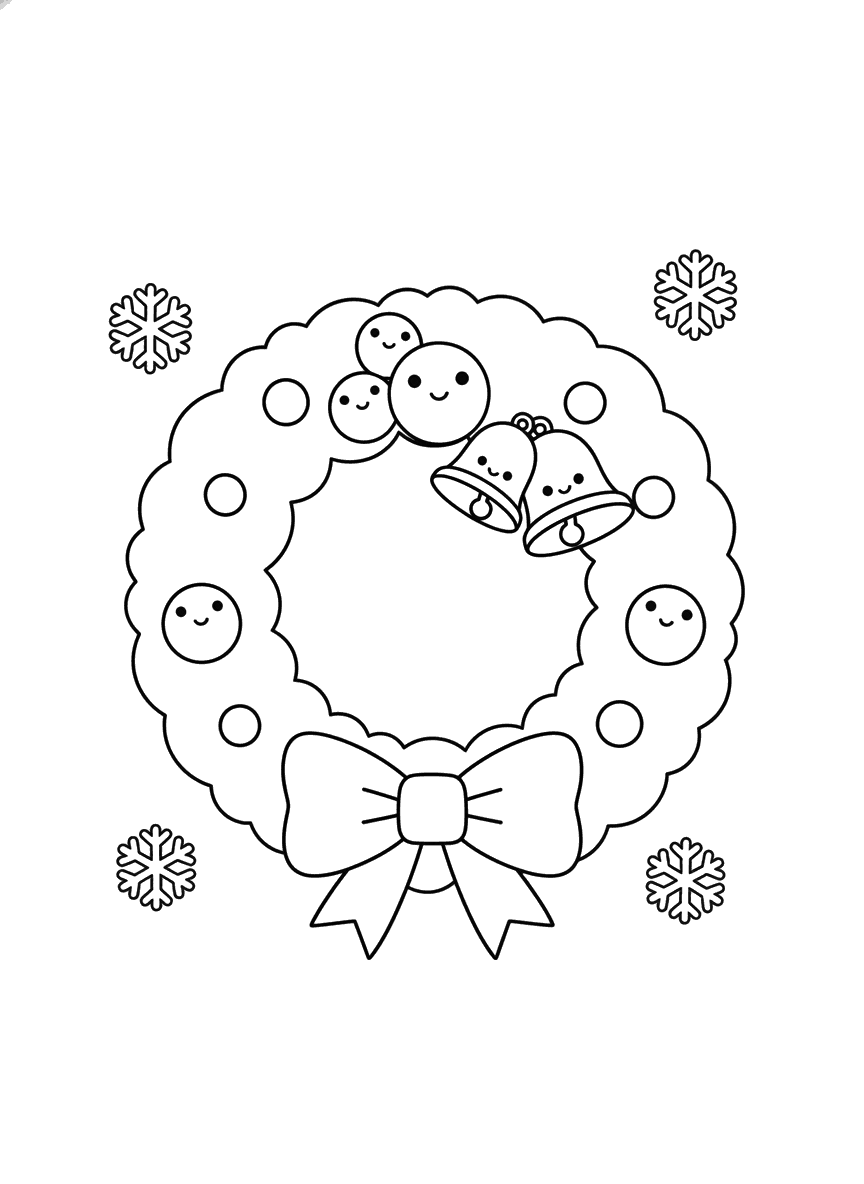 Desenho de coroa de Natal para colorir, com frutinhas, sinos e laço