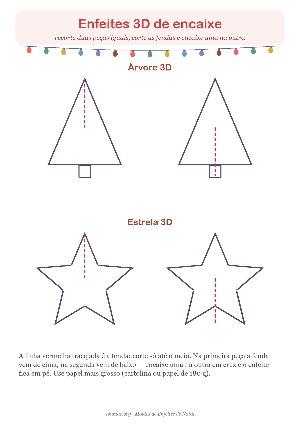 Molde de enfeite de Natal 3D de encaixe: árvore e estrela em duas peças com fenda para recortar