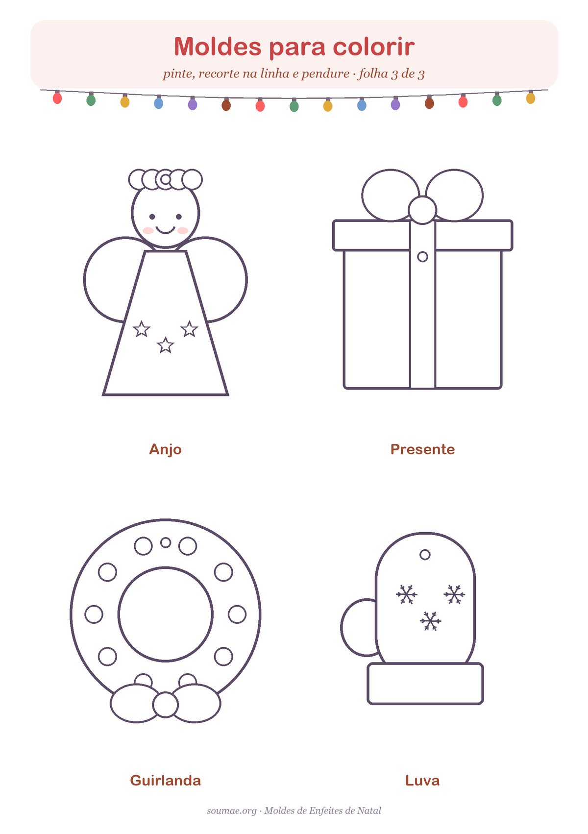 Molde de anjo, presente, guirlanda e luva de Natal para colorir e recortar