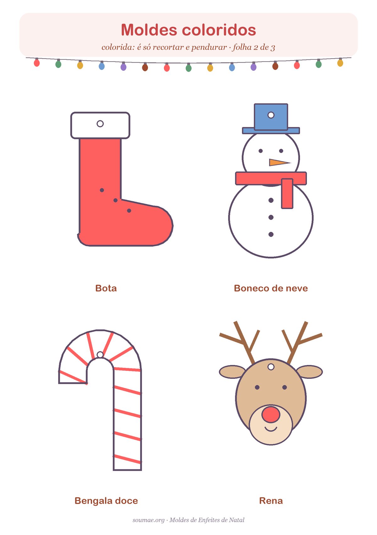 Moldes de enfeites de Natal coloridos para imprimir e recortar: bota, boneco de neve, bengala doce e rena