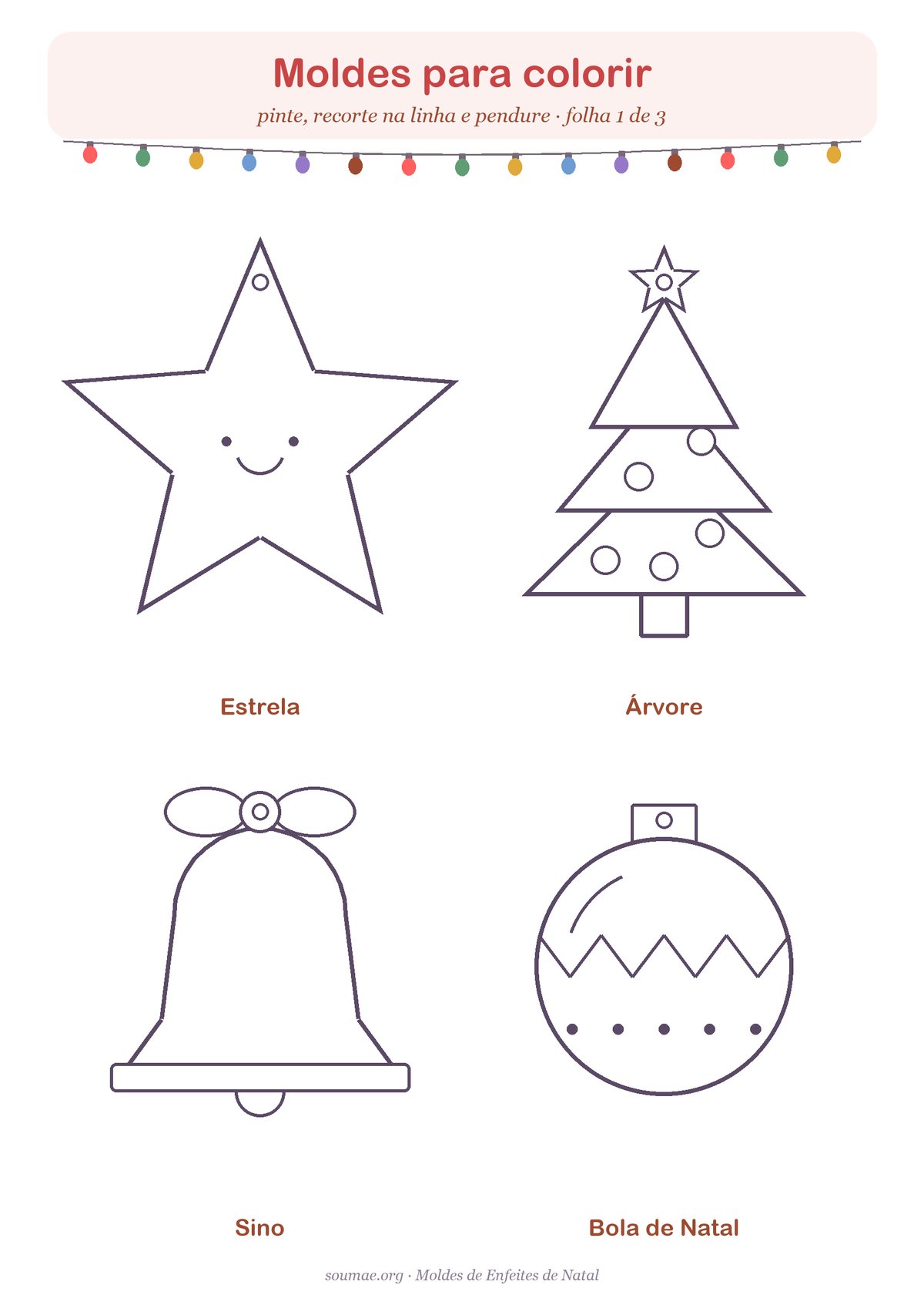 Moldes de enfeites de Natal para colorir e recortar: estrela, árvore, sino e bola de Natal em contorno
